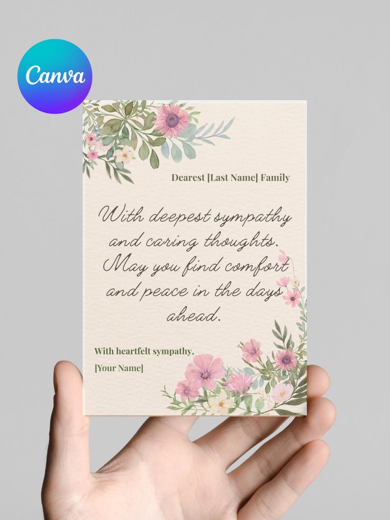 Editable Sympathy Card Template | Floral Condolence Card Canva ...