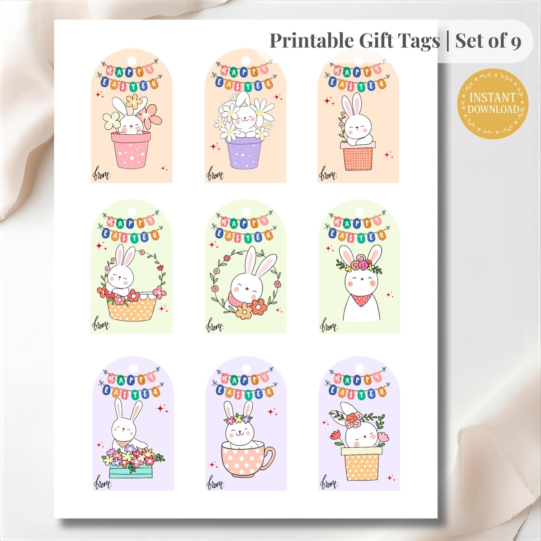 Easter Bunny Gift Tags Printable Set of 9 | Cute Pastel Spring Gift ...