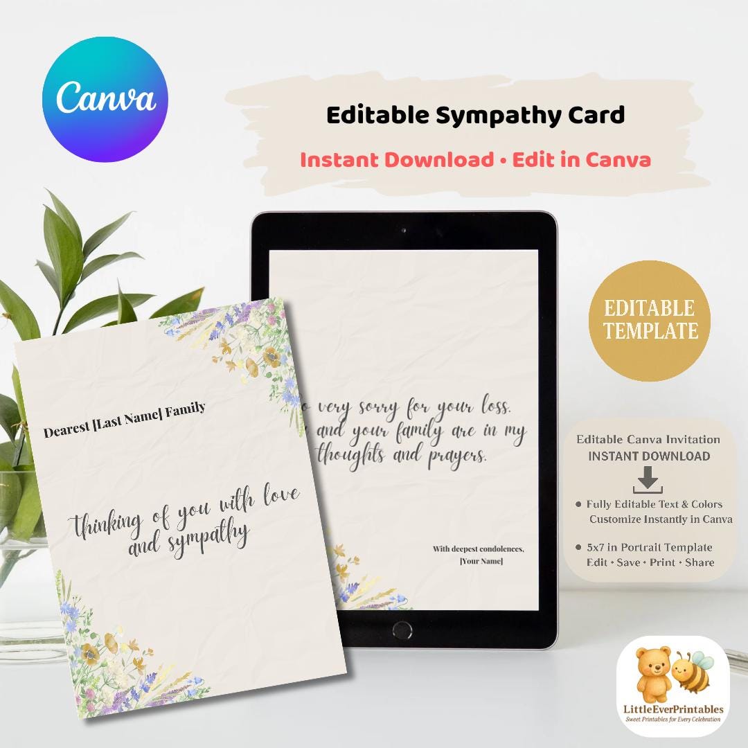 Editable Foldable Sympathy Card Template Canva | Printable Condolence ...