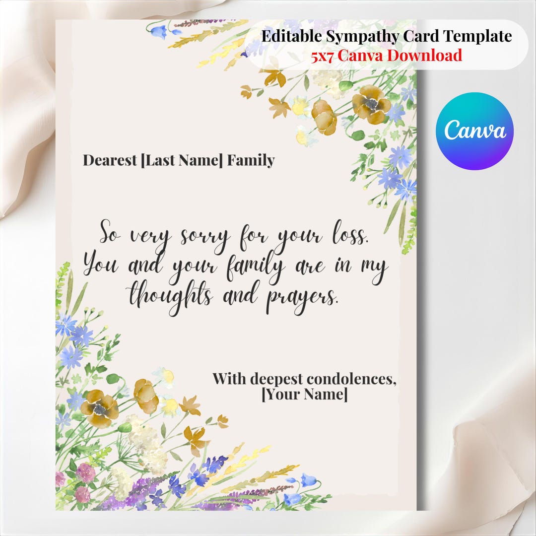 Editable Sympathy Card Template Canva | Printable Funeral Condolence ...