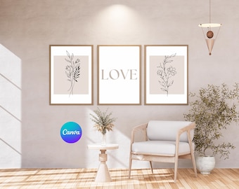 Juego de 3 estampados florales beige - Arte lineal minimalista - Decoración bohemia (Descarga digital)