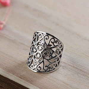 Bague en filigrane en argent sterling vintage, large bijoux décoratifs en parchemin floral