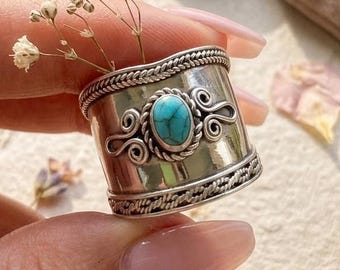 Sterling Silver Turquoise Wide Band Ring, Boho Tribal Statement Jewelry ...