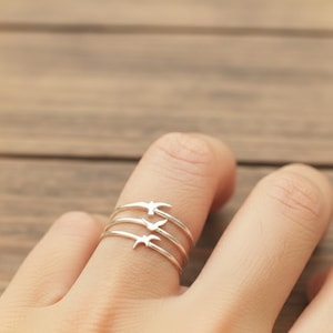 Könnte beinhalten: Ein Set aus drei silbernen Ringen, jeweils mit einem kleinen Vogelmotiv. Die Ringe sind auf einem Finger gestapelt, was die filigranen Details des Schmucks hervorhebt. Die Ringe bestehen aus glänzendem Metall.
