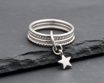 Sterling Silver Star Charm Ring | Minimalist Stacking Ring | Handmade Silver Band | Boho Dainty Jewelry Gift for Her