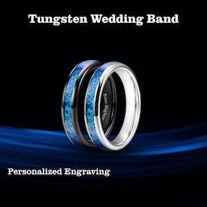 4mm Black & Silver Tungsten Ring with Genuine Blue Opal Inlay, Engraved Wedding Band