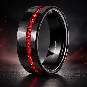 8 mm Black Hammered Tungsten Ring Red Glass Stones & Blue Opal Inlay Engraved Wedding Band