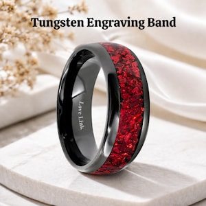 8mm Black Tungsten ring with Ruby Gemstone Inlay, Engraved Wedding Band