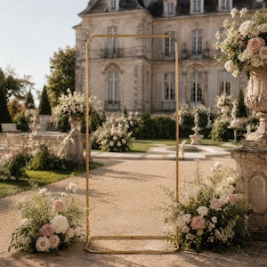 May include: A tall, rectangular gold metal frame stand with rounded corners, positioned upright on a gravel path. The frame is flanked by two large floral arrangements featuring white and pale pink roses and greenery, set against a stone building.