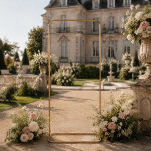 May include: A tall, rectangular gold metal frame stand with rounded corners, positioned upright on a gravel path. The frame is flanked by two large floral arrangements featuring white and soft pink roses and greenery, set against a stone building.