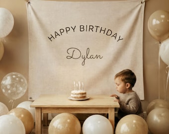 Personalised Birthday banner, Custom Name Flag, Fabric Sign,Linen Birthday Backdrop, Minimalist Party Decor