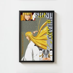 Peut inclure: Une affiche encadrée mettant en vedette Shinji Hirako de l'anime Bleach. L'œuvre présente Shinji avec de longs cheveux blonds et une tenue blanche. Le texte comprend "Welcome to my world" et des détails du personnage.