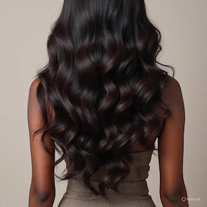 Op de afbeelding: Achterkant van een persoon met lang, golvend, donkerbruin haar. Het haar heeft highlights en een natuurlijke glans. De persoon draagt een beige top. De achtergrond is een neutraal beige.