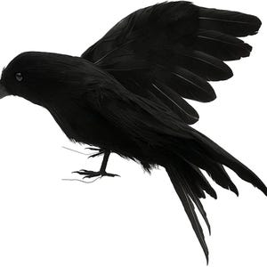 May include: A black raven with outstretched wings, crafted from feathers. The bird is depicted in a dynamic pose, with its wings partially spread, suggesting flight. The raven's feathers are a deep black, and the bird has a detailed beak and feet.