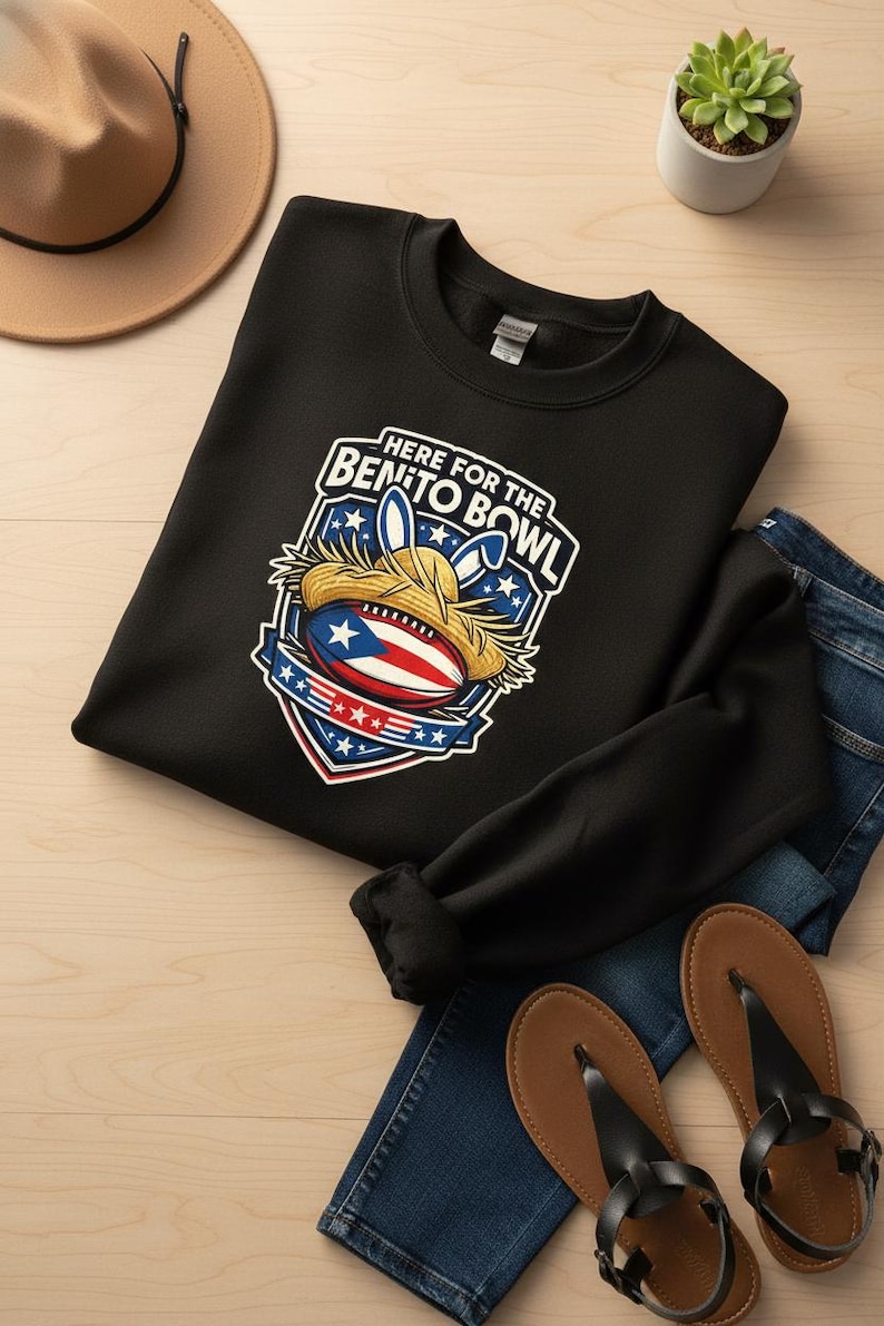 May include: Black crew neck sweatshirt with a graphic that reads "Here for the Benito Bowl." The graphic includes a football with the Puerto Rican flag, a straw hat, and bunny ears. The sweatshirt is shown with blue jeans and sandals.