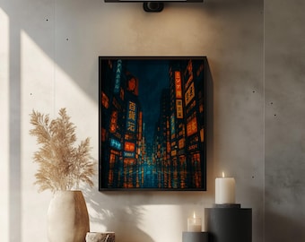 May include: A framed art print depicting a neon-lit cityscape at night. The artwork features vibrant orange, blue, and yellow lights reflecting on a wet street. The print is displayed above a shelf with candles and a decorative vase.