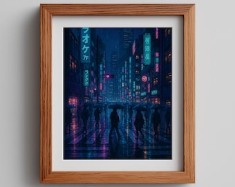 Cyberpunk Tokyo Print – Neon Night, Rainy Street Scene (Digital Download)