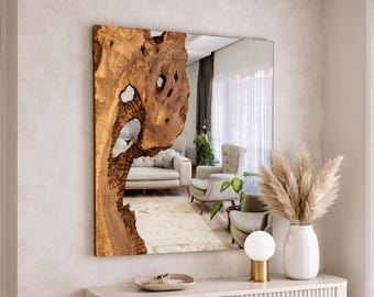 Lustro z drewna oliwnego, lustro łazienkowe z żywą krawędzią, rustykalny wystrój ściany w przedpokoju
