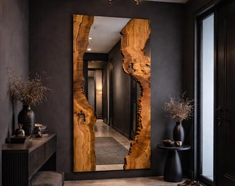 Olive Wood Full Length Mirror – Live Edge Rustic Wood Wall Mirror, Handmade Bathroom Wall Mirror, Unique Wooden Decor