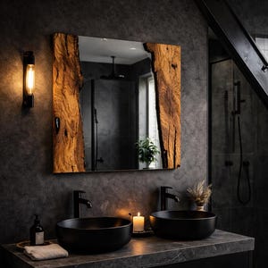 Puede incluir: Un moderno mueble de baño con un gran espejo rectangular enmarcado en madera natural. El mueble tiene dos lavabos negros, grifos negros y una encimera oscura. Una vela encendida y una botella pequeña completan el ambiente. El diseño general es elegante y contemporáneo.