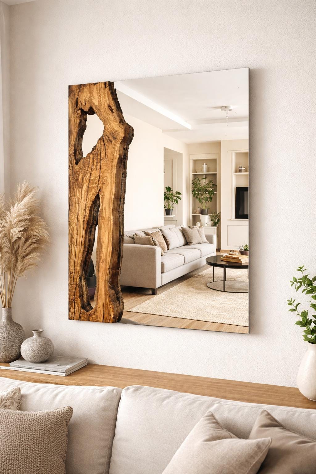 Olive Wood Mirror, Handmade Wooden Mirror, Real Wood Rustic Wall