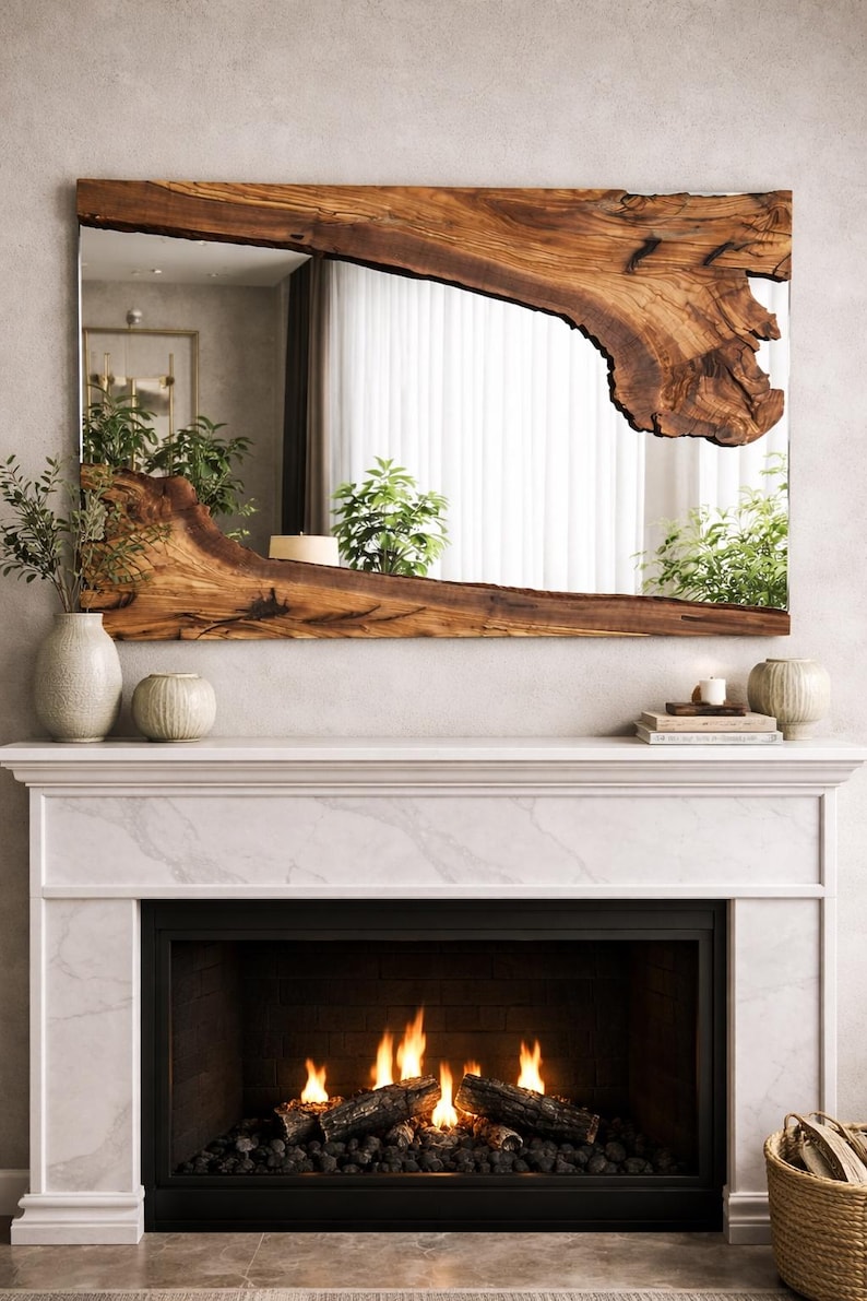 Handgemaakte houten spiegel, olijfhouten spiegel, live edge olijfhouten wandspiegel – badkamerspiegel, spiegel in de hal afbeelding 4