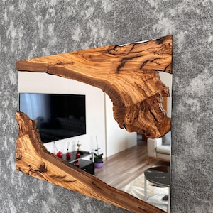 Handgemaakte houten spiegel, olijfhouten spiegel, live edge olijfhouten wandspiegel – badkamerspiegel, spiegel in de hal afbeelding 18
