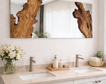 Espejo de madera de olivo con borde natural hecho a mano, decoración de pared natural