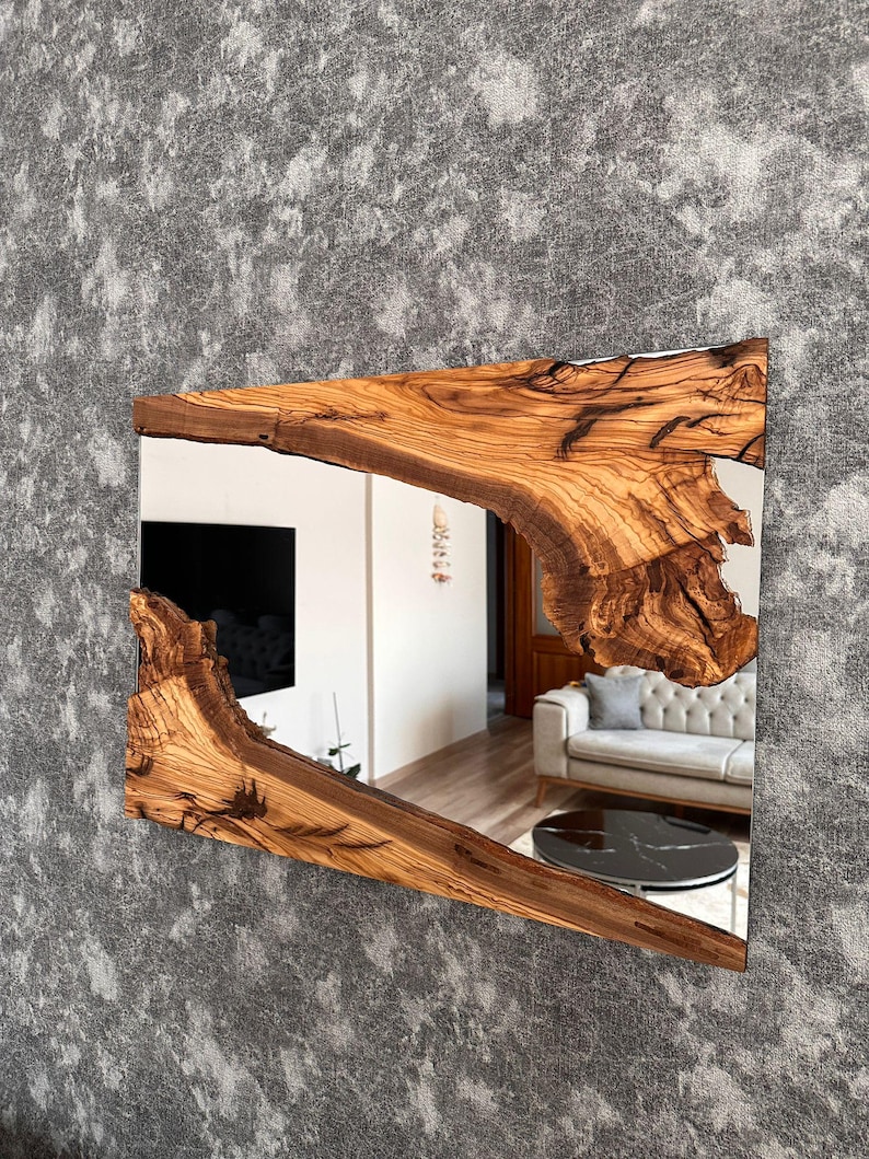 Handgemaakte houten spiegel, olijfhouten spiegel, live edge olijfhouten wandspiegel – badkamerspiegel, spiegel in de hal afbeelding 14