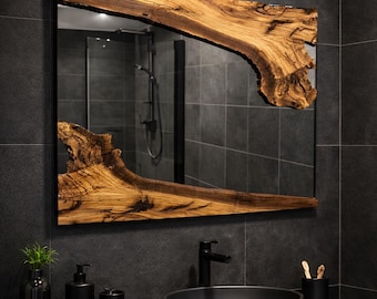 Espejo de madera hecho a mano, espejo de madera de olivo, espejo de pared de madera de olivo con borde natural, espejo de baño, espejo de recibidor