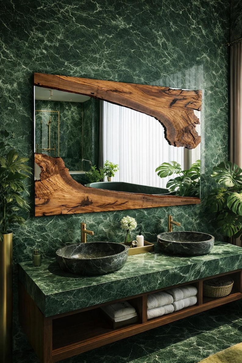 Handgemaakte houten spiegel, olijfhouten spiegel, live edge olijfhouten wandspiegel – badkamerspiegel, spiegel in de hal afbeelding 2