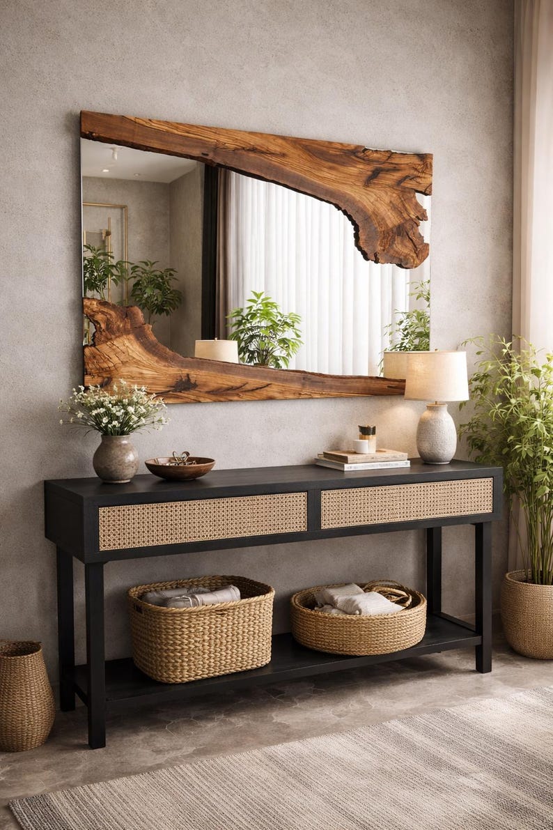 Handgemaakte houten spiegel, olijfhouten spiegel, live edge olijfhouten wandspiegel – badkamerspiegel, spiegel in de hal afbeelding 3