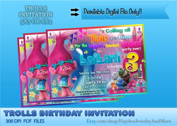 Trolls Birthday Social gathering Invitation- Trolls Bash Concept-Printable Invitation image regarding Trolls Printable Invitations titled Trolls Birthday Celebration Invitation- Trolls Occasion Topic-Printable Invitation