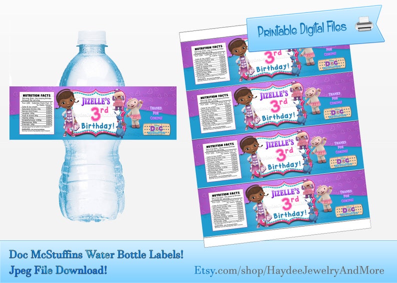 Document McStuffins Birthday Drinking water Bottle Labels- Document Mcstuffins Bash Printables photo relating to Doc Mcstuffins Printable Labels named Document McStuffins Birthday H2o Bottle Labels- Document Mcstuffins Celebration Printables
