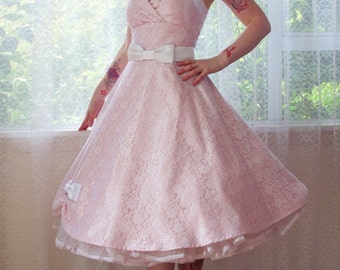 1950's Rockabilly 'Anneliese' Pink Taffeta Wedding Dress with Lace Overlay, Bow Belt, Tea Length Skirt and Petticoat - Custom Made to Fit