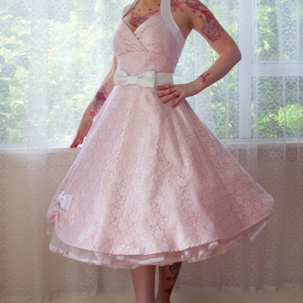 1950's Rockabilly 'Anneliese' Pink Taffeta Wedding Dress with Lace Overlay, Bow Belt, Tea Length Skirt and Petticoat - Custom Made to Fit