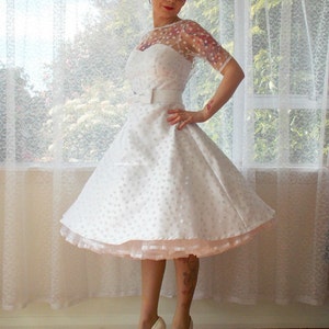 Ivory 1950's Annette Polka Dot Wedding Dress with Sweetheart Neckline, Tea Length Skirt and Petticoat Custom made to fit image 1