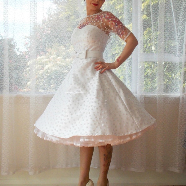 Ivory 1950's "Annette" Polka Dot Wedding Dress with Sweetheart Neckline, Tea Length Skirt and Petticoat - Custom made to fit