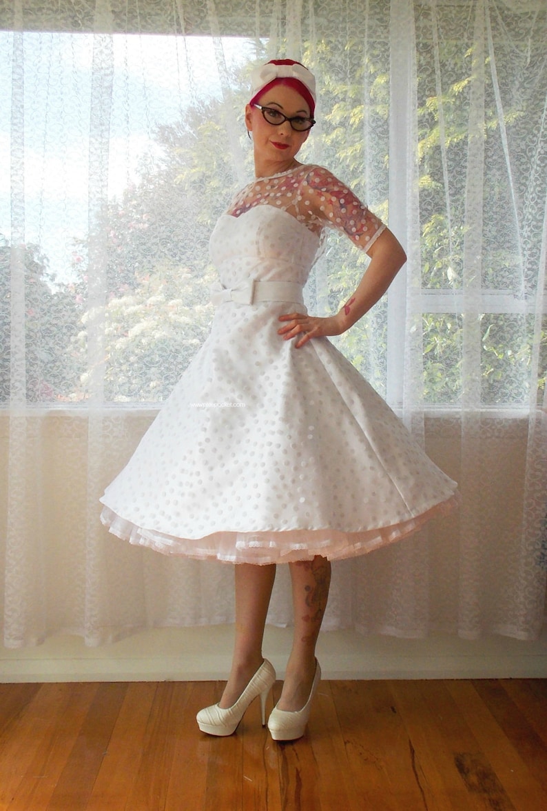 Ivory 1950's 'Annette' Polka Dot Wedding Dress with Sweetheart Neckline, Tea Length Skirt and Petticoat - Custom made to fit 