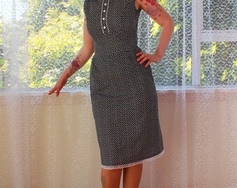 1950's "Kate" Style Office Dress with Peter Pan Collar, Button Front and Pencil Skirt with Lace trim - Custom made to fit