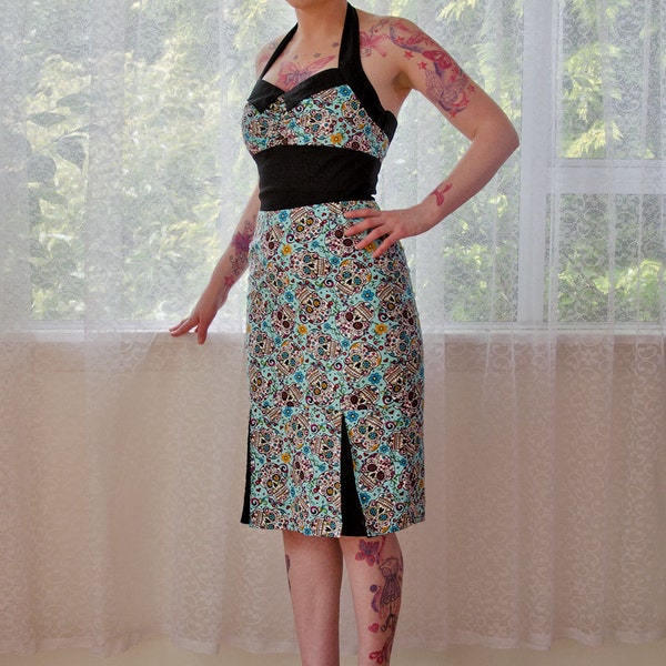 Rockabilly 'Gabriella' Sugar Skull Wiggle Dress with Gathered Front, Black Lapel, Pencil Skirt and Pleats - Custom made to fit