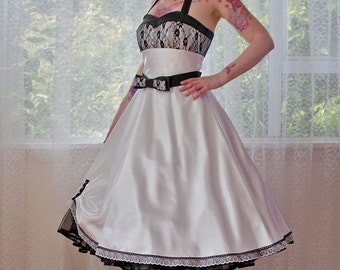 1950's "Clara" White Wedding Dress with a Sweetheart Bodice, Lace Overlay, Tea Length Skirt, Bow Belt and Petticoat - Custom made to fit