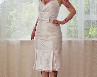 1950's Pin up Wedding Dress "Rosalia" with a Wiggle Skirt, Polka Dot Overlay, Kick Pleat and Bow Belt - Custom made to fit