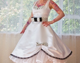 1950s Pin Up 'Audrey' Wedding Dress in a with Polka Dot Bodice, Belt and Organza Petticoat Tea Length  - custom made to fit