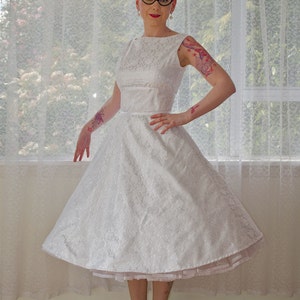 1950's cordelia White Wedding Dress With a Boat Neck, Lace Overlay ...