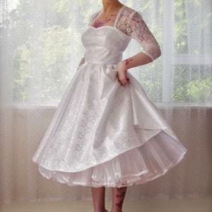 1950's Rockabilly LorilynWedding Dress with Sleeves, Lace Overlay, Ribbon Trim, Tea Length Skirt and Petticoat Custom made to fit image 3