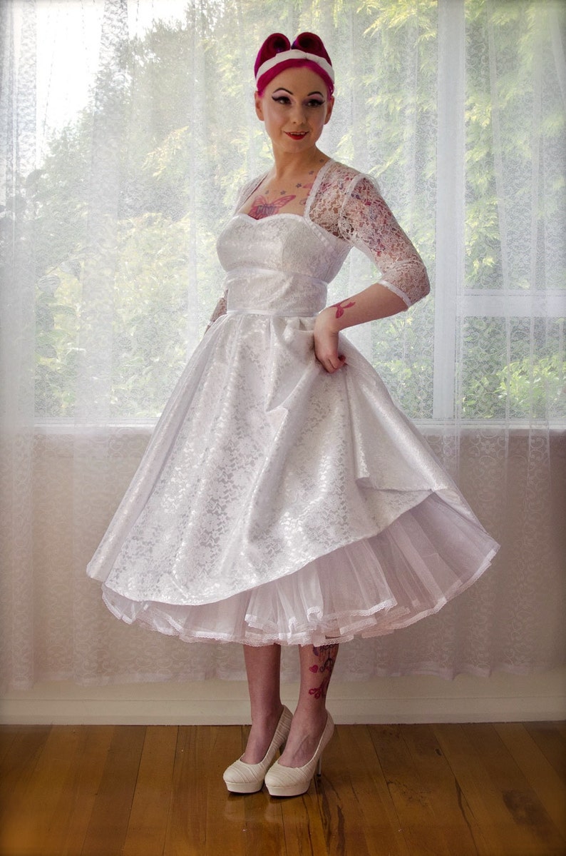 1950's Rockabilly LorilynWedding Dress with Sleeves, Lace Overlay, Ribbon Trim, Tea Length Skirt and Petticoat Custom made to fit image 3