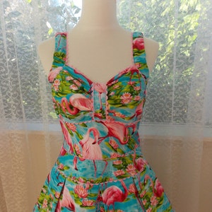 1950's Rockabilly Holly Dress with Pink Flamingos, Pleats, Ric Rac trim and Gathered Front Custom made to fit image 5