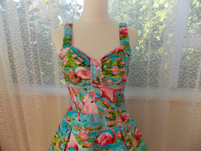 1950's Rockabilly Holly Dress with Pink Flamingos, Pleats, Ric Rac trim and Gathered Front Custom made to fit image 5