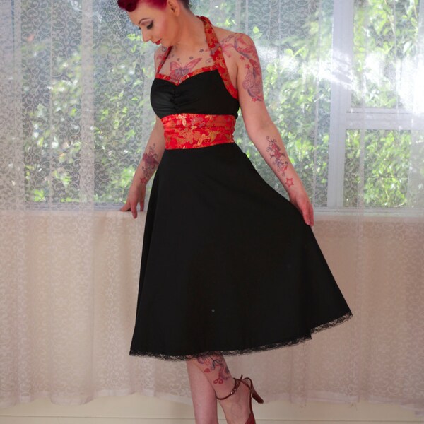 Black Pin Up Dress 'Mae' 1950s Full Skirted Style with Red Chinese Silk Trim and Halterneck - Any Color, Any Size - Custom made to fit